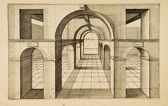VREDEMAN DE VRIES, J./ HONDIUS, H., Perspective print by Vredeman de Vries., antique map, old maps