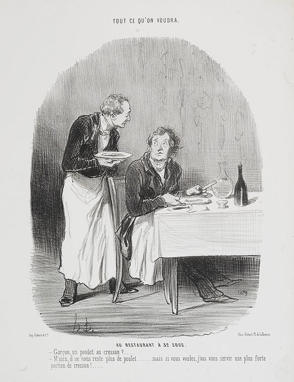 DAUMIER, H., Tout ce qu'on voudra. Au restaurant à 32 sous. Garçon . . . (Stone number 1279)., antique map, old maps