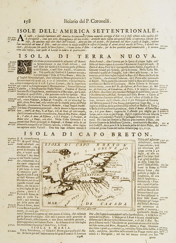 CORONELLI, V.M., Isola di Capo Breton./ Isola e citta di cartagena Nell America., antique map, old maps