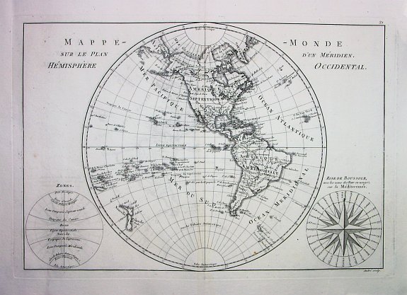 BONNE, R., MAPPE-MONDE SUR LE PLAN D'UN MÉRIDIEN. HÉMISPHÈRE OCCIDENTAL, antique map, old maps