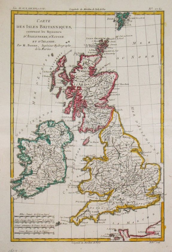 BONNE,R., Carte des Isles Britanniques., antique map, old maps