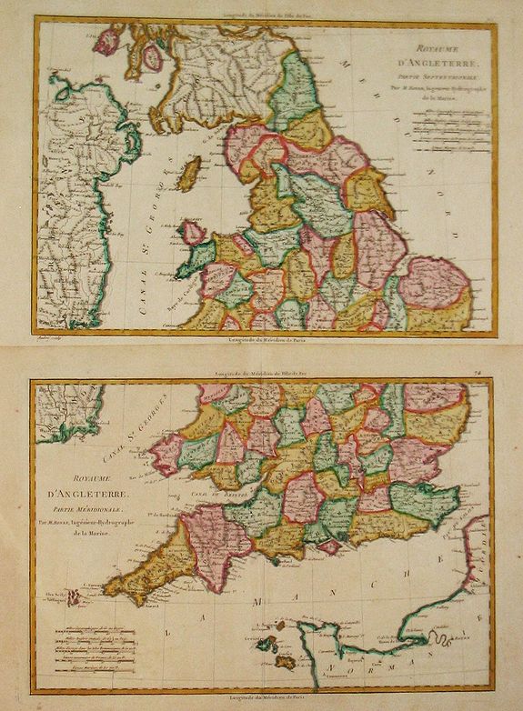 BONNE,R., [ Royaume d' Angleterre, Partie Meridionale/ Partie Septentrionale. plus 2 other maps of England, antique map, old maps