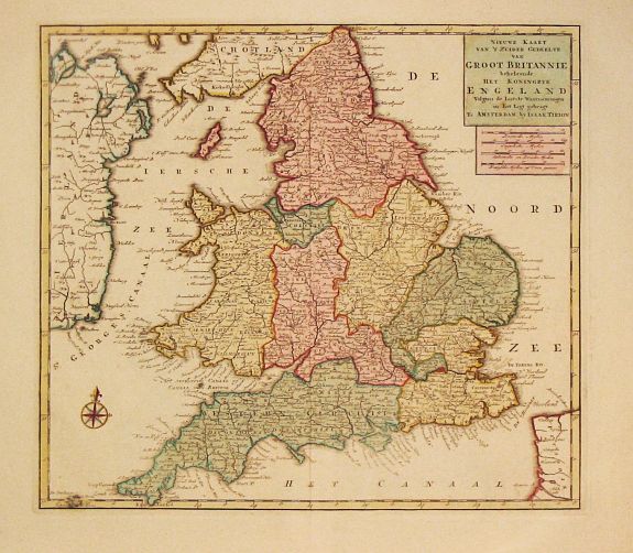 TIRION,I., Nieuwe Kaaart van 't Zuider Gedeelte van Groot Britannie behelsende Het Koningryk Engeland., antique map, old maps