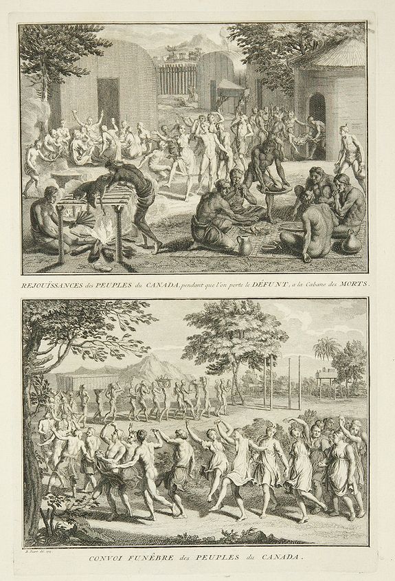 PICART, B., Rejouïssances des peuples du Canada, pendant que l'on porte le défunt … / Convoi funêbre …, antique map, old maps