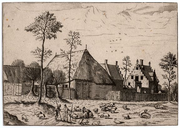 Joannes & Lucas van Doetecum, View of a farm with a large barn. , antique map, old maps