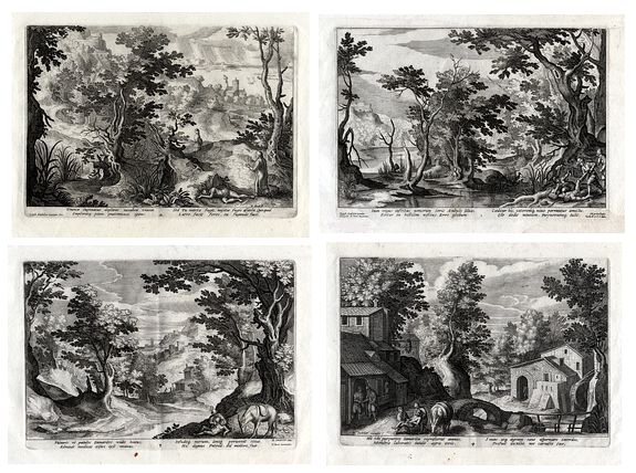 Raphael Sadeler, A set of four landscapes with the story of the Good Samaritan., antique map, old maps