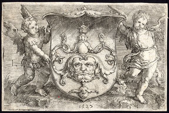 Lucas van Leyden, Two genii holding a coat of arms., antique map, old maps