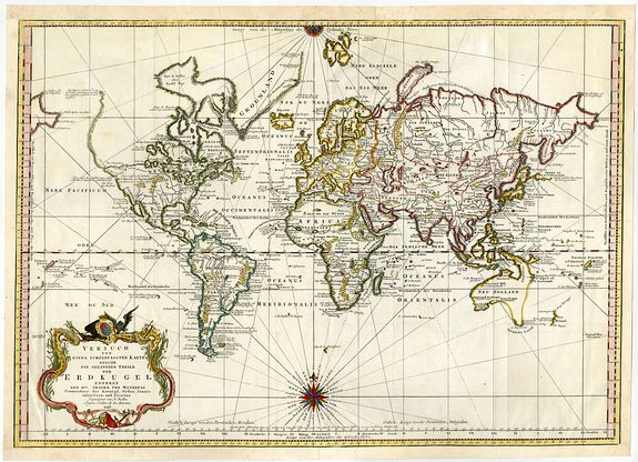 Bellin, J.N., Versuch von einer kurzgefassen Karte welche die bekannten Theile der Erdkugel enthaelt …, antique map, old maps