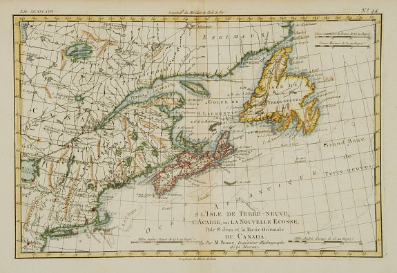 BONNE,R., L'Isle de Terre-Neuve, l'Acadie, ou la Nouvelle Ecosse.., antique map, old maps