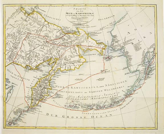INDUSTRIES COMPTOIRS, Charte von dem Meer von Kamtschatka mit Capt. Jos. Billings und Mart. Sauers Reise Routen.., antique map, old maps
