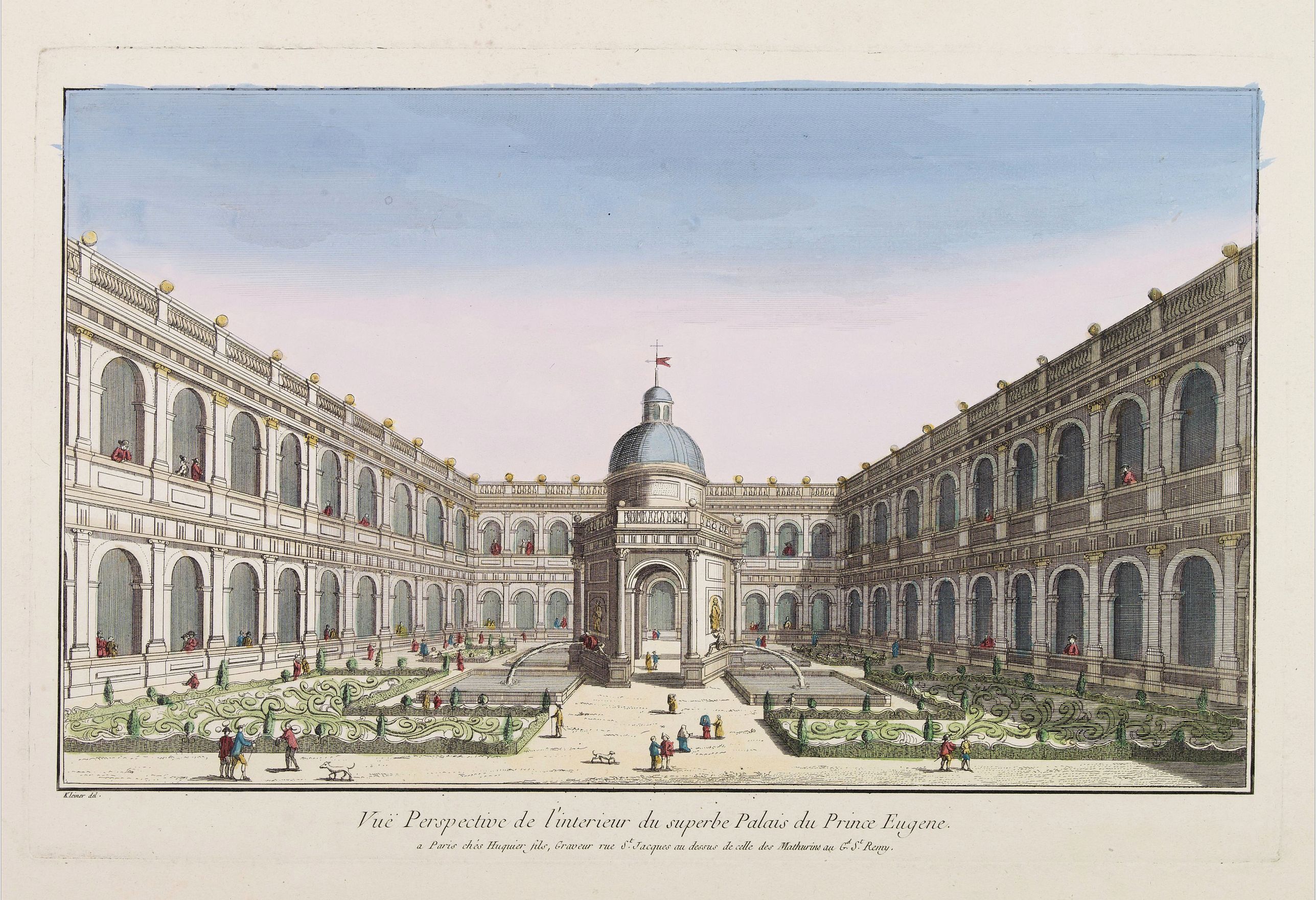HUQUIER, Vuë Perspective de l'interieur du superbe Palais du Prince Eugene., antique map, old maps