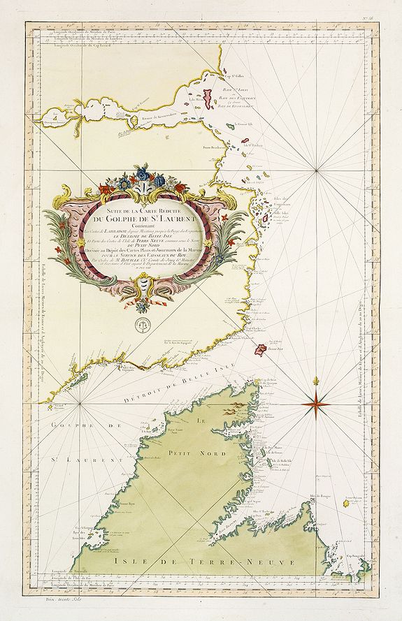 DÉPÔT GÉNÉRAL DE LA MARINE / BELLIN, J.N., Suite De La Carte Réduite Du Golphe De St. Laurent Contenant Les Costes de Labrador.. (1758, antique map, old maps