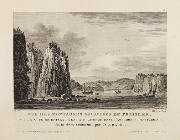 NOEL / BULLA, Vue Des Montagnes Escarpées De Fraisler, Sur La Côte Orientale De La Baye George Dans L'Amérique Septentrionale. Atlas de ce Continent, par Desbares., antique map, old maps
