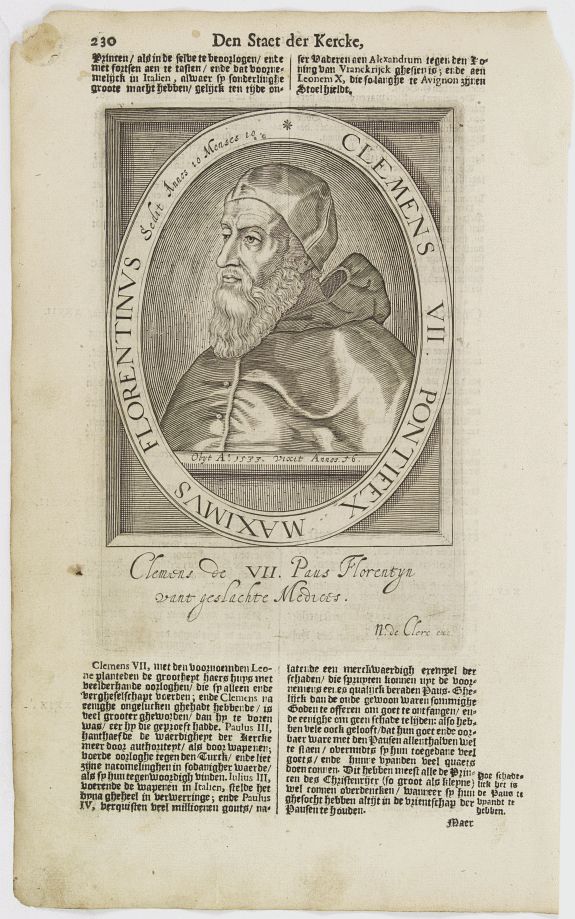 DE CLERCK, N., Clemens VII. Pontifex Maximus Florentinus Sedit Annos 10 Menses 10., antique map, old maps
