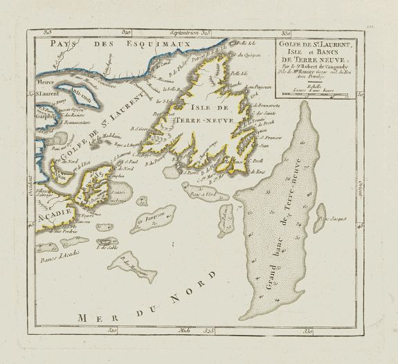 VAUGONDY, R. de, Golfe de St. Laurent, Isle et Bancs de Terre Neuve., antique map, old maps