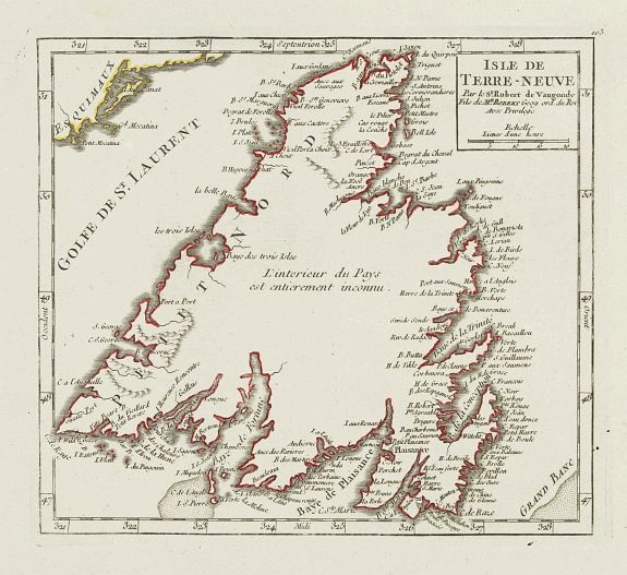 VAUGONDY, R. de, Isle de Terre-Neuve., antique map, old maps
