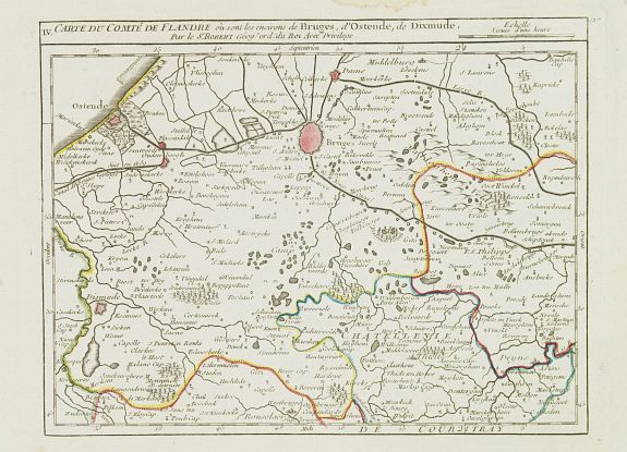 VAUGONDY,R. de, IV. Carte du Comté de Flandre où sont les environs de Bruges, d'Ostende, de Dixmunde., antique map, old maps