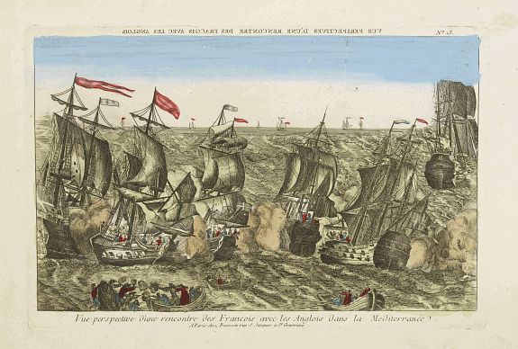 BASSET, Vue perspective d'une rencontre des François avec les Anglois dans la Mediterranée., antique map, old maps
