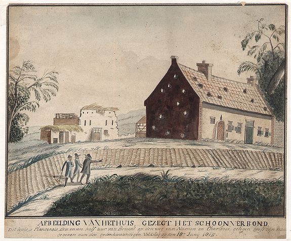 ANONYMOUS, Afbeelding van het huis, gezegt het schoon verbond dit huis, le Plancenoit, drie en een half uur van Brussel op den weg van Namen en Charleroi gelegen. . ., antique map, old maps