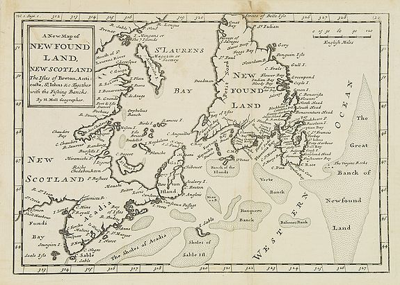 MOLL, H., A new map of New Foundland, New Scotland. The Isles of Breton, Antocoste, St. Johns. . ., antique map, old maps