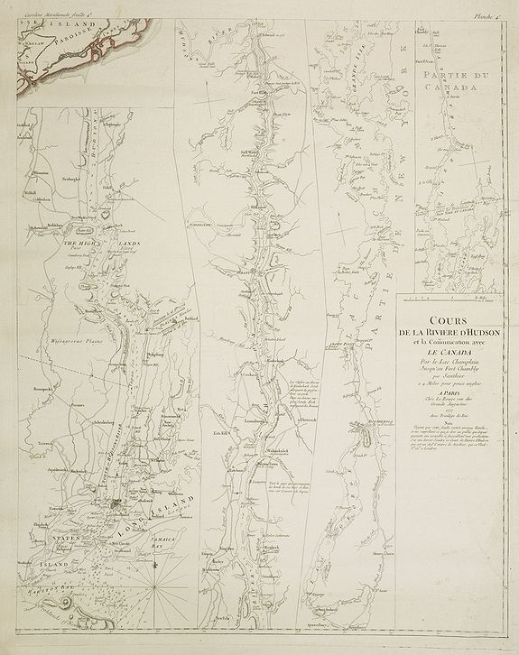 LE ROUGE, G.L. / SAUTHIER, Cours de la rivière d\'Hudson avec la communication avec le Canada par le Lac Champlain jusqu\'au Fort Chambly par Sauthier a 4 Mmiles pour pouce anglois., antique map, old maps