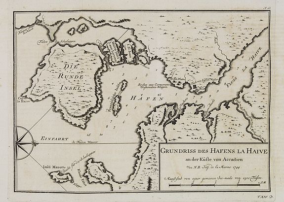 BELLIN, J.N. / ARKSTEE & MERKUS., Grundriss des Hafens la Haive an der Kuste von Accadien. N°13., antique map, old maps