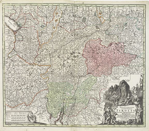 SEUTTER, M., Principali Dignitate Gaudens Comitat. Tirolis Episcopat. Tridentinum et Brixiensem ut et Comitat. Brigantinum Feldkirch Sonneberg et Pludentinum contingens quo ad omnes Urbes. . ., antique map, old maps