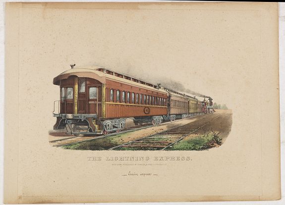 CURRIER & IVES., The Lightning Express. Train express., antique map, old maps