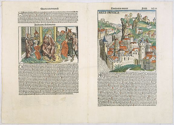 SCHEDEL, H., Anglie Provincia (Tercia estas mundi Foliu XLVI ) / Salomon's genealogy tree (XLVI) / Genealogy tree & Abner & Joab (XLVII) / Judgment of Solomon (XLVII)., antique map, old maps