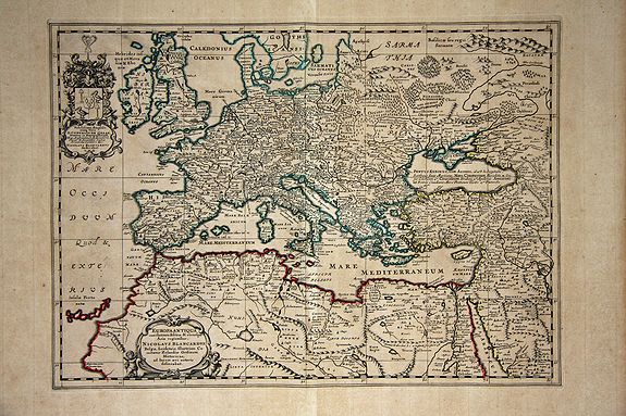 JANSSONIUS, J., Europa Antiqua cum finitimis Africae & utriusque Asiae regionibus Nicolaus Blancardus Belga, Leidensis, Illustrium Comitatus Zelandiae Ordinum Historicus, ad lucem aevi veteris delineabat., antique map, old maps