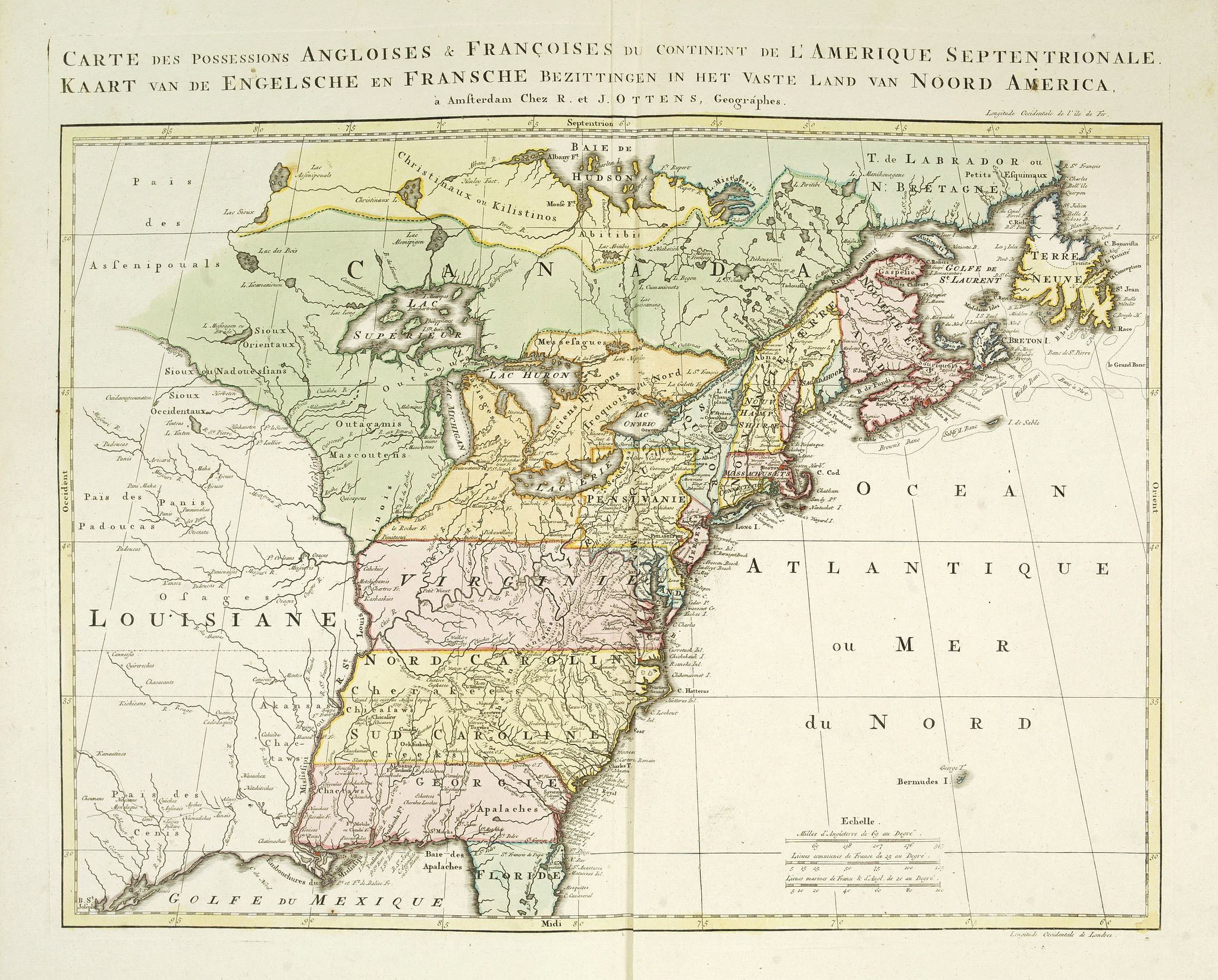 OTTENS, R. / I., Carte des possessions Angloises et Françoises du continent de l'Amerique Septentrionale. / Kaart van de Engelsche en Fransche bezittingen . . ., antique map, old maps