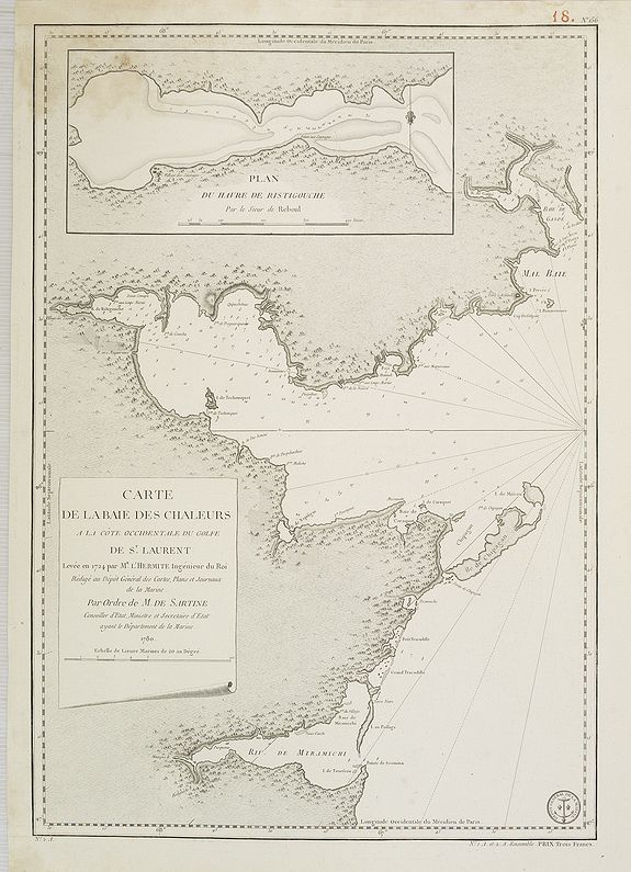 DEPOT GENERAL DE LA MARINE. / L'HERMITE, Carte de la baie des chaleurs a la côte occidentale du golfe de St Laurent. . . / Plan du havre de Ristigouche., antique map, old maps