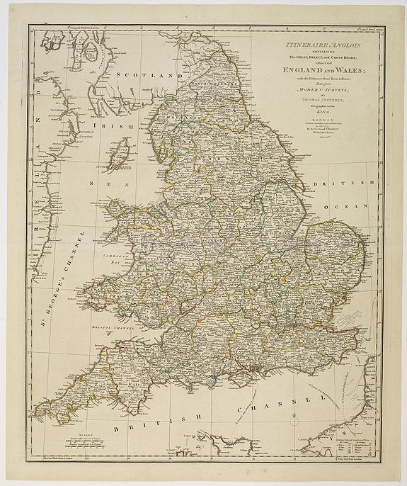 JEFFERYS, Th., Itinéraire anglois containing the great, direct and cross roads, through England and Wales. . ., antique map, old maps