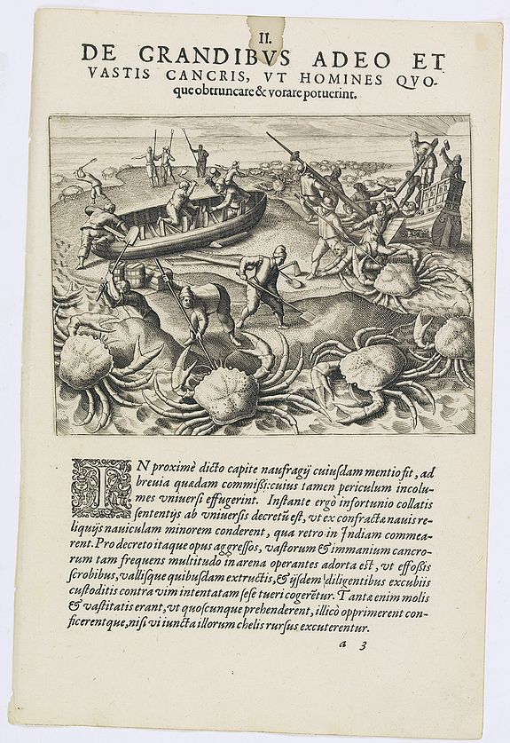 DE BRY, Th., De Grandibus Adeo et Vastis Cancris. (Giant crabs), antique map, old maps
