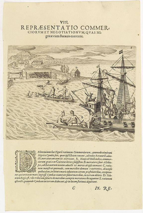 DE BRY, Th., VIII. Repraesentatio Commerciorum et Negotiationum, Quas Nigritae cum Batauis exercent., antique map, old maps