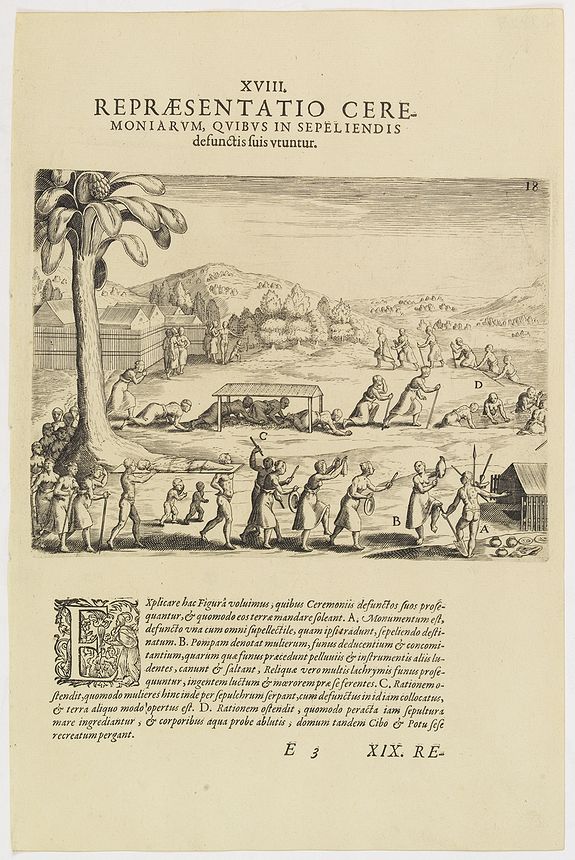 DE BRY, Th., XVIII. Repraesentatio Ceremoniarum, Quibus in Sepeliendis defunctis fuis Utuntur., antique map, old maps