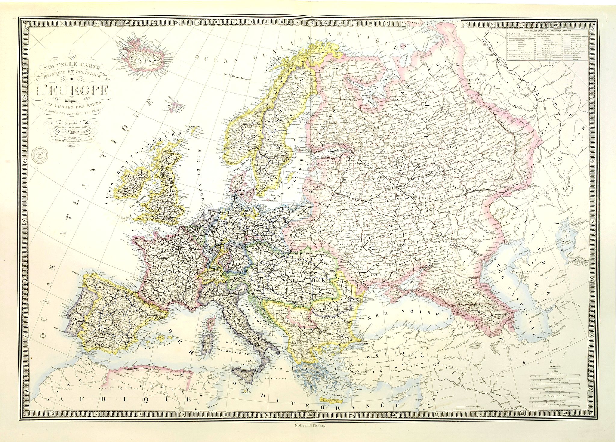 LOGEROT, A., Nouvelle carte physique et politique de l'Europe. Les limites d'états., antique map, old maps