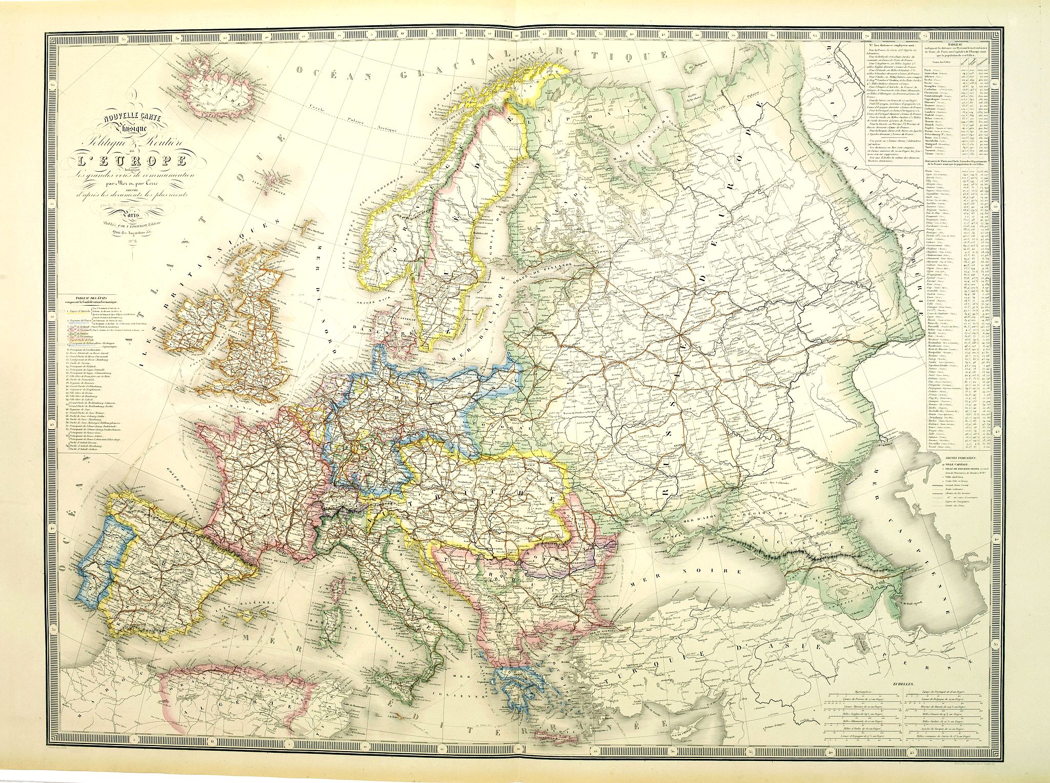CHARTIER, A.T. / LOGEROT, A., Nouvelle carte physique et politique de l'Europe. Les grandes voies de communication., antique map, old maps