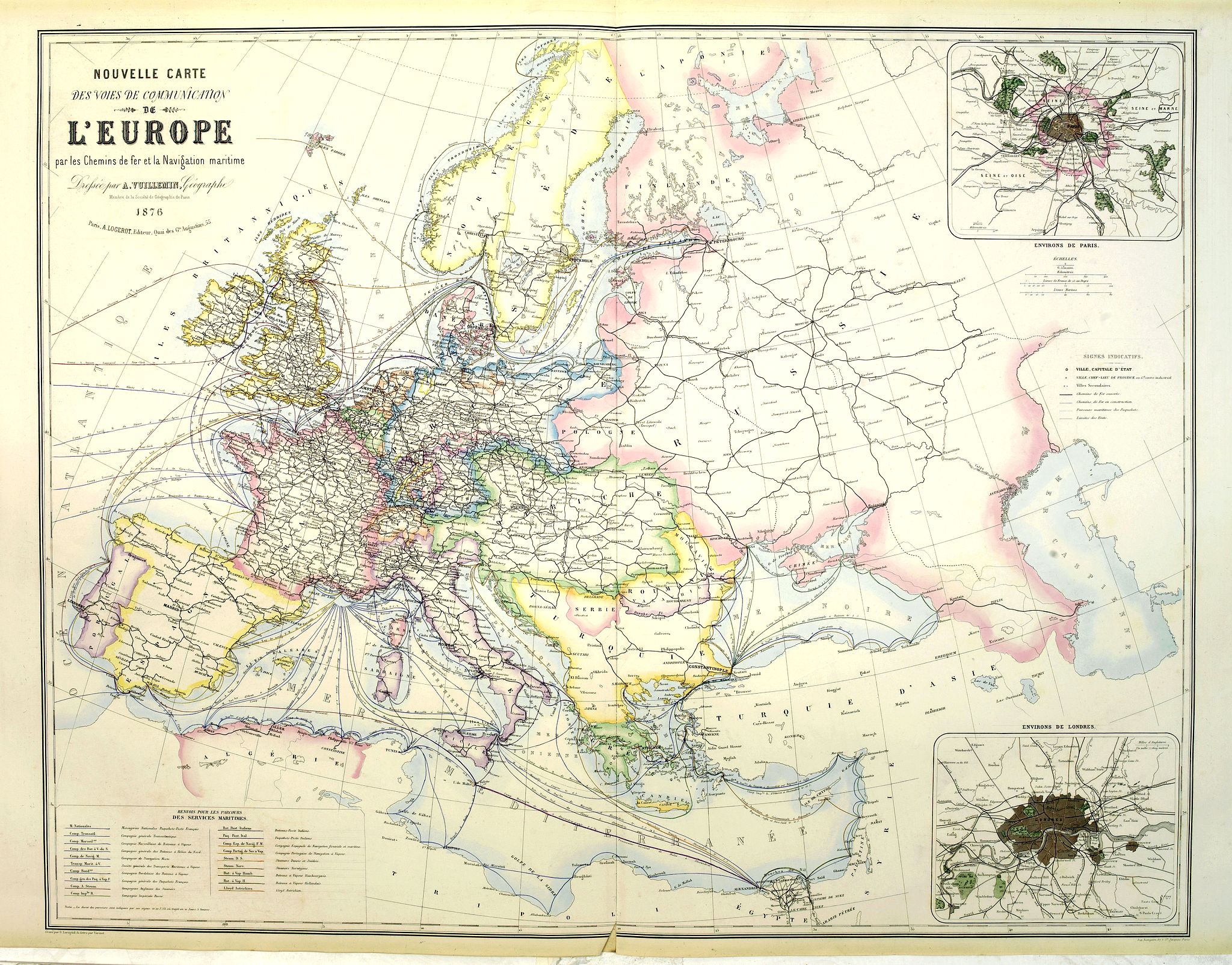 LOGEROT, A., Nouvelle carte des voies de communication de l'Europe par des chemins de fer et la Navigation maritime., antique map, old maps