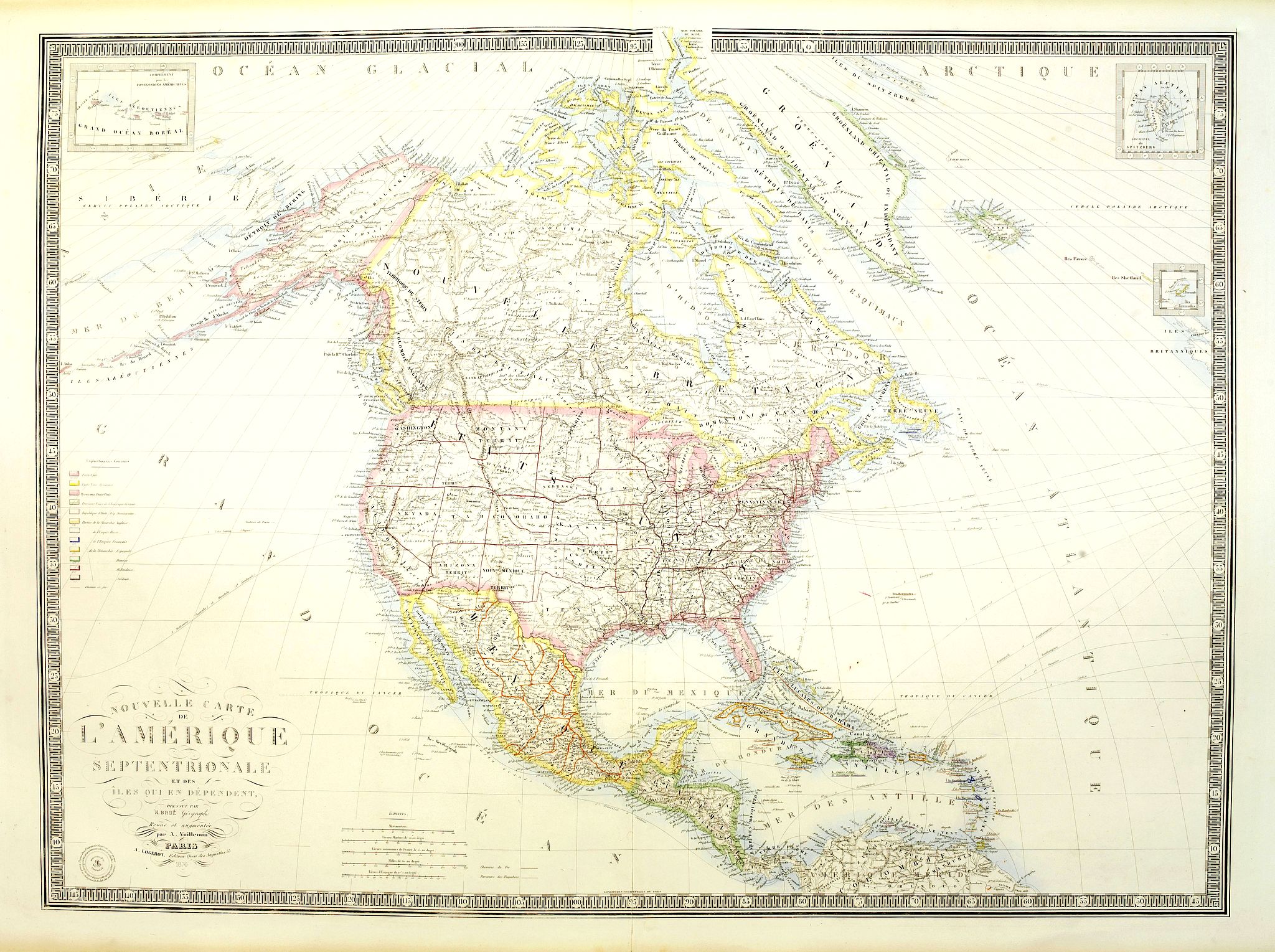LOGEROT, A., Nouvelle carte de l'Amérique Septentrionale et des iles qui en dépendent dressée par H. Brué. . ., antique map, old maps
