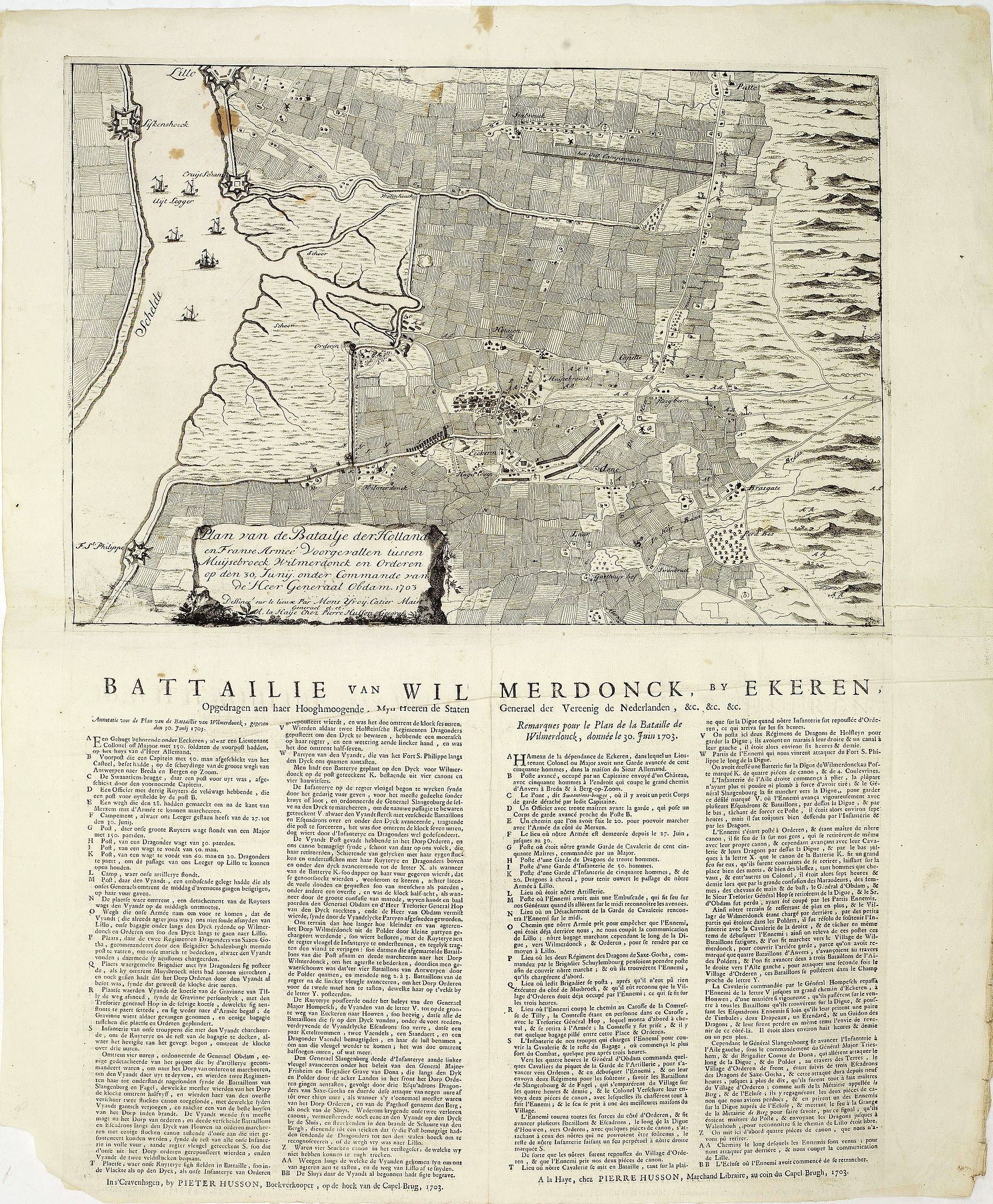 HUSSON, P., Plan van de Batailje der Hollandse en Franse Armée voorgevallen tussen Merijsebroek Wilmerdonk en Orderen op den 30. Junij onder commando van de Heer Generaal Obdam., antique map, old maps