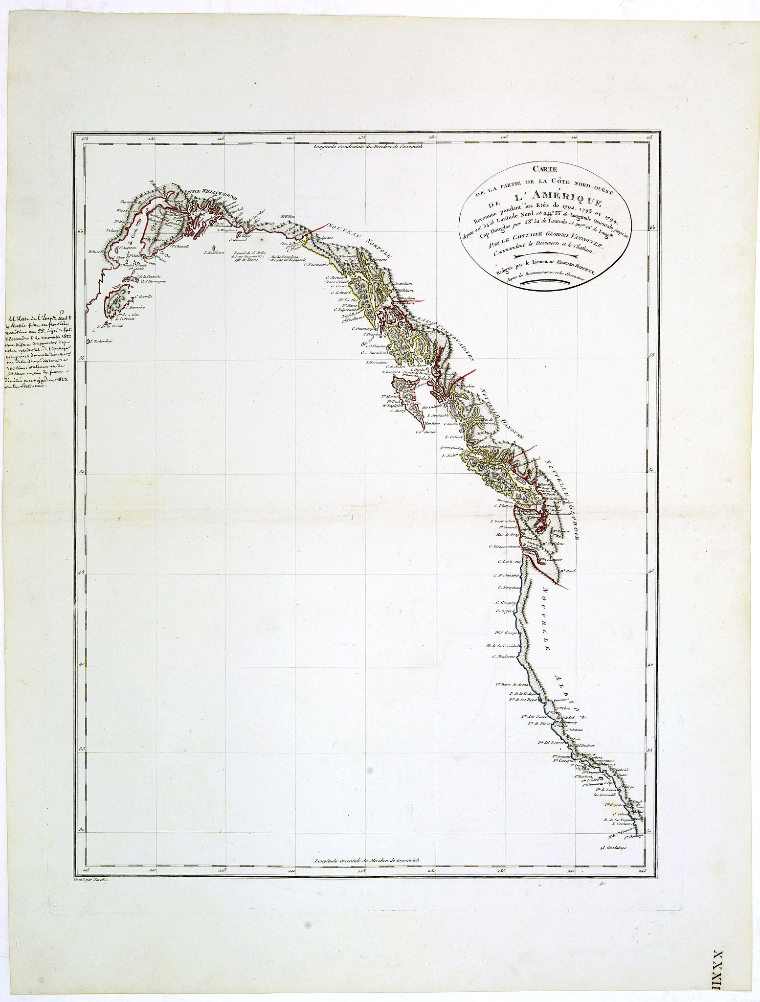 POIRSON, J.B., Carte de la partie de la cote nord-ouest de l'Amerique. Reconnue pendant les Etes de 1792, 1793 et 1794 depuis 29054' de latitude nord et 244033' de. . ., antique map, old maps