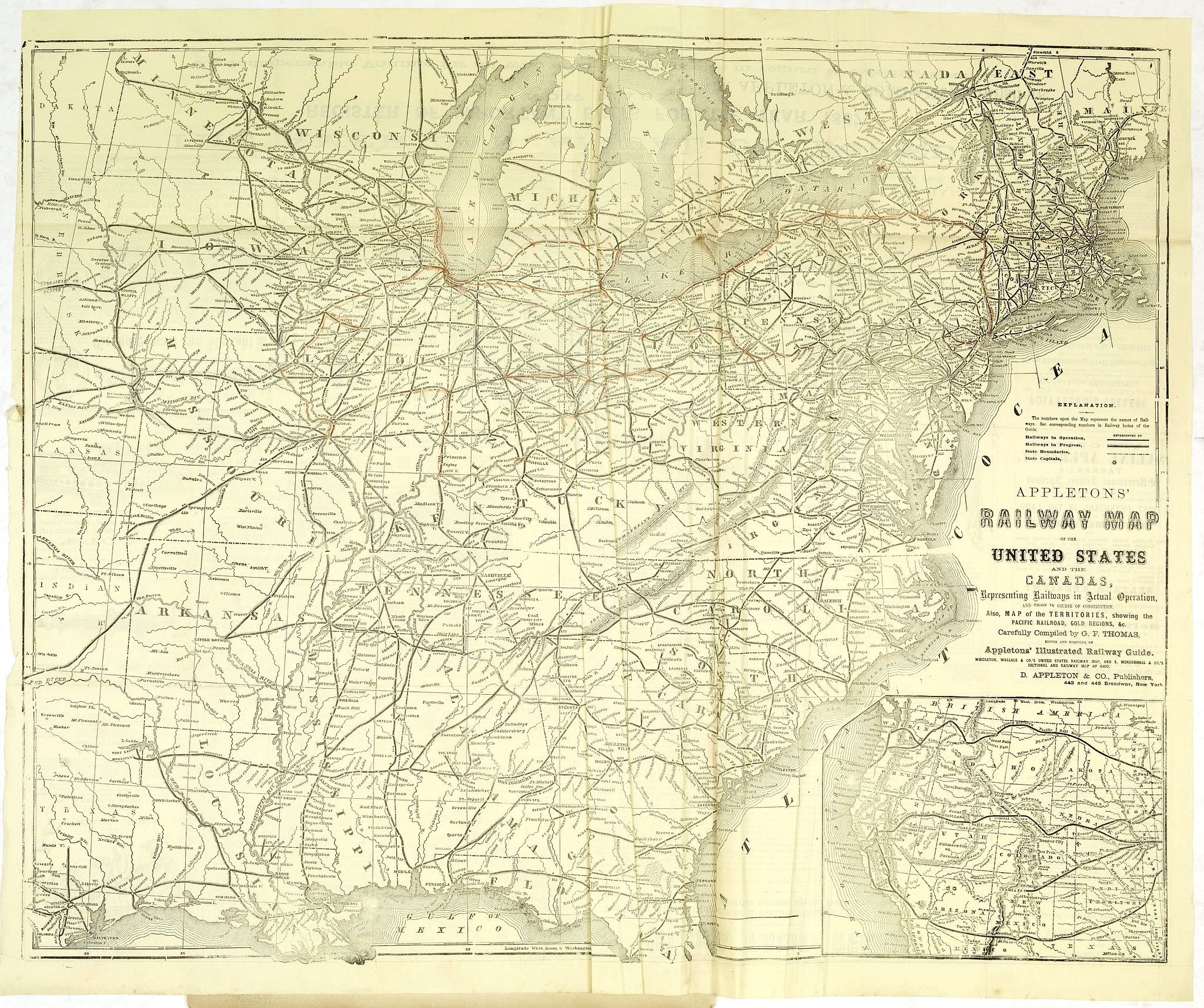 APPLETON, D., Appletons railway map of the United States and the Canada, Representing Railways in Actual Operation and those in course of construction. . . Carefully Compiled by G.F. Thomas., antique map, old maps