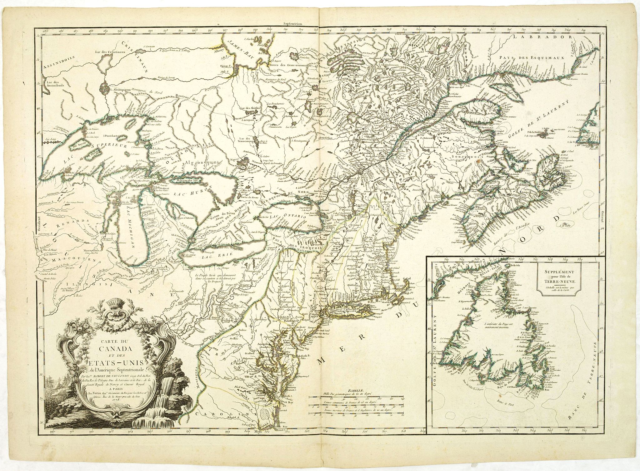 DE VAUGONDY, R. / FORTIN, CARTE DU CANADA ET DES ETATS-UNIS de l'Amérique Septentrionale Par le S.r ROBERT DE VAUGONDY Geog. Ord.du Roi. . ., antique map, old maps