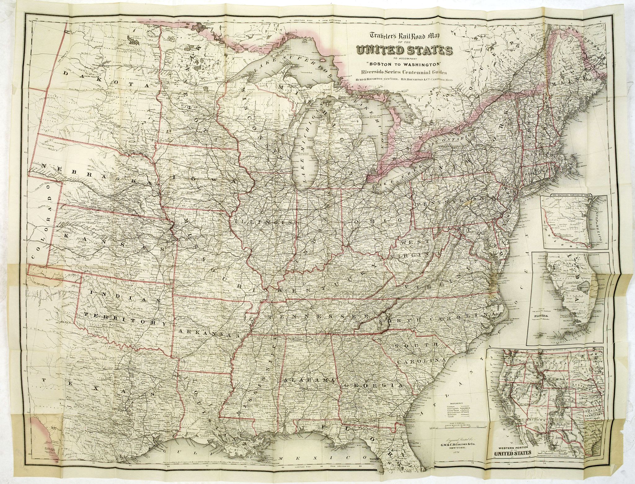 COLTON, J.H., Travelers’ Rail Road Map of the United States to Accompany ‘Boston to Washington’ Riverside Series Centennial Guides. . ., antique map, old maps
