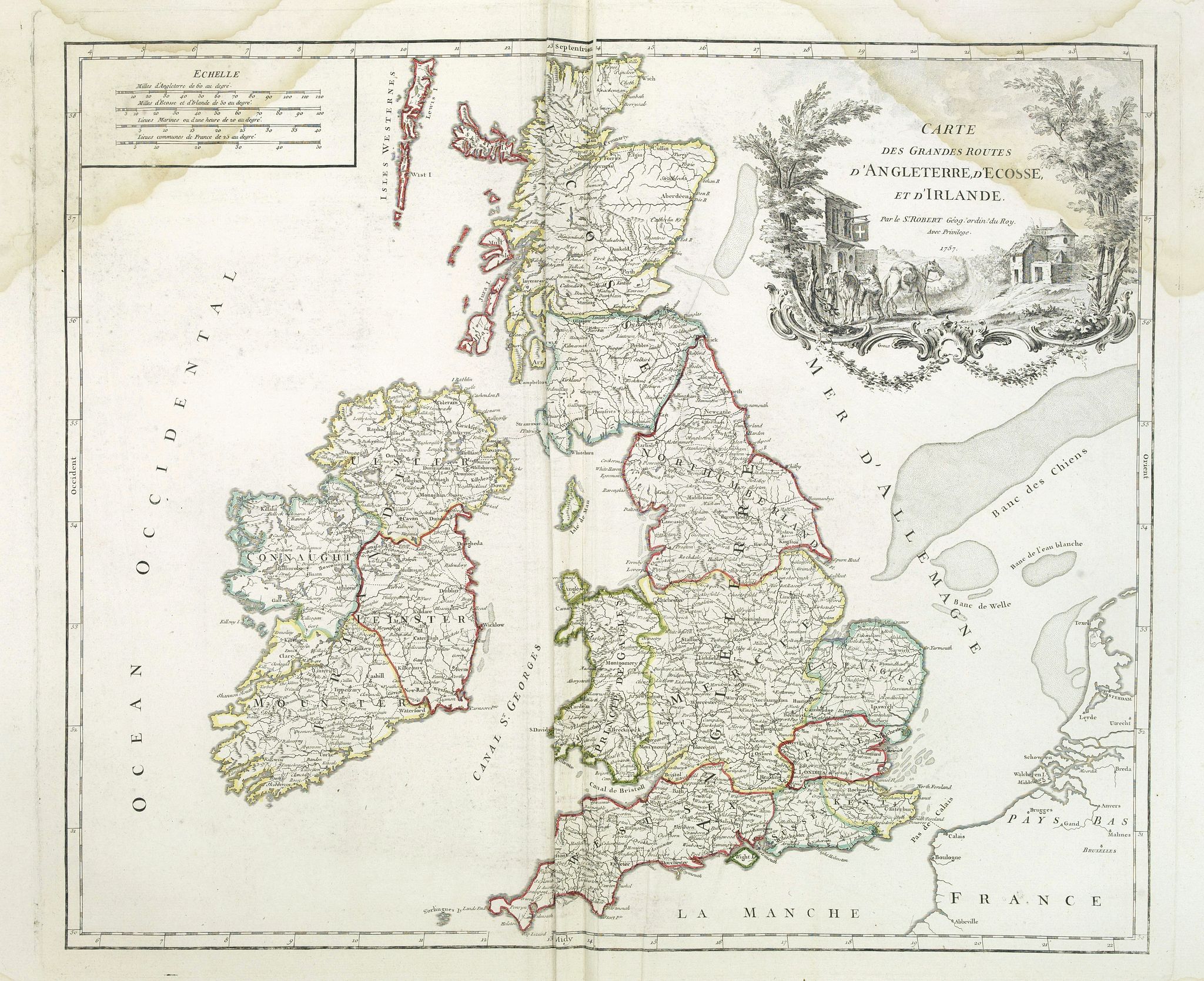 VAUGONDY, R. de, Carte des grandes routes d'Angleterre, d'Ecosse et d'Irlande., antique map, old maps