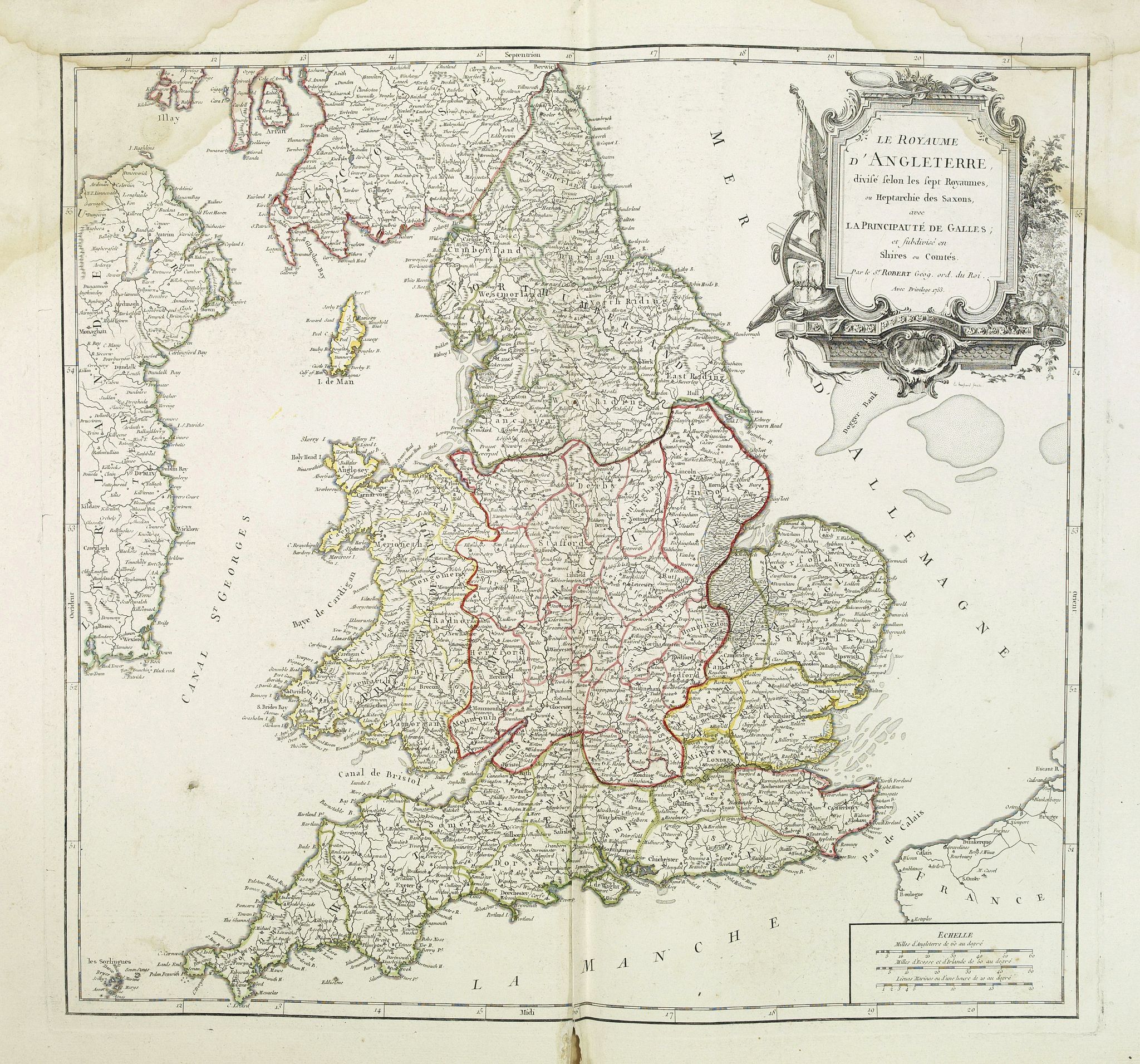 VAUGONDY, R. de, Le Royaume D'Angleterre, divise selon les sept Royaumes ou Heptrachie des Saxons, avec La Principaute De Galles, et subdivisie en Shires ou Comtes…, antique map, old maps