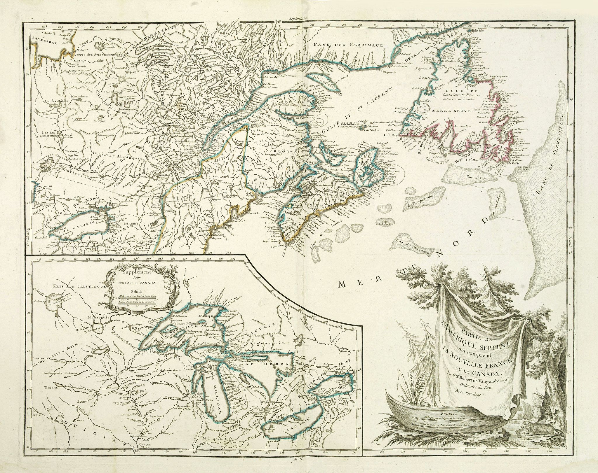 VAUGONDY, R De., Partie de l'Amerique septent? Qui comprend la nouvelle France. . ., antique map, old maps