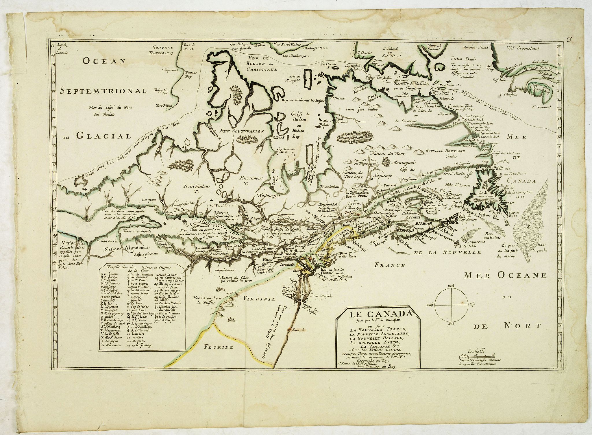 DU VAL, P., Le Canada faict par le Sr. de Champlain. ou sont La Nouvelle France, La Nouvelle Angleterre, La Nouvelle Holande, La Nouvelle Suede, La Virginie &c. . . ., antique map, old maps
