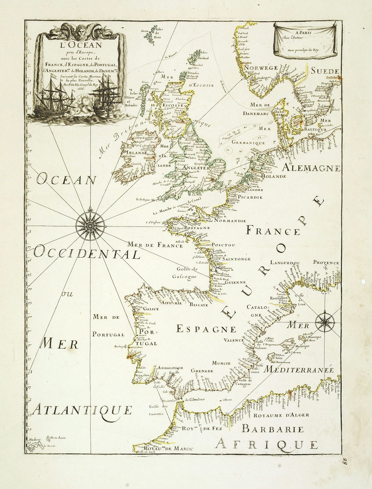 DU VAL, P., L'Ocean près d'Europe avec les Costes de France, d'Espagne, de Portugal, d'Angleterre, de Hollande, de Danemarc, & cie . . ., antique map, old maps